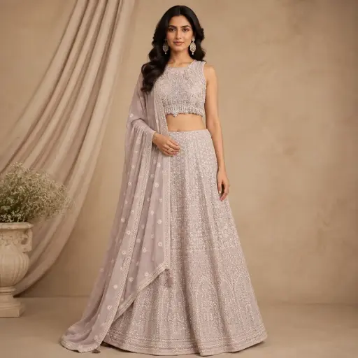 [95742002YT48F3] Women’s Dusty Lavender Embroidered Lehenga Choli with Dupatta, Sleeveless Blouse, Sequin Work, Wedding Reception Party Festive Ethnic Wear Set