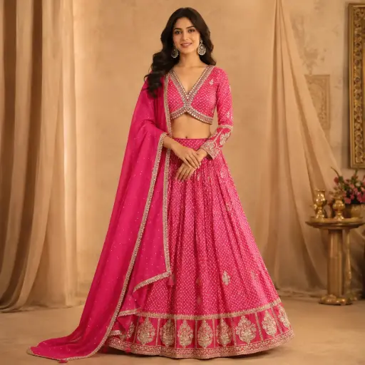 [95742002XR74F3] Women’s Rani Pink Embroidered Lehenga Choli with Dupatta, V-Neck Full Sleeve Blouse