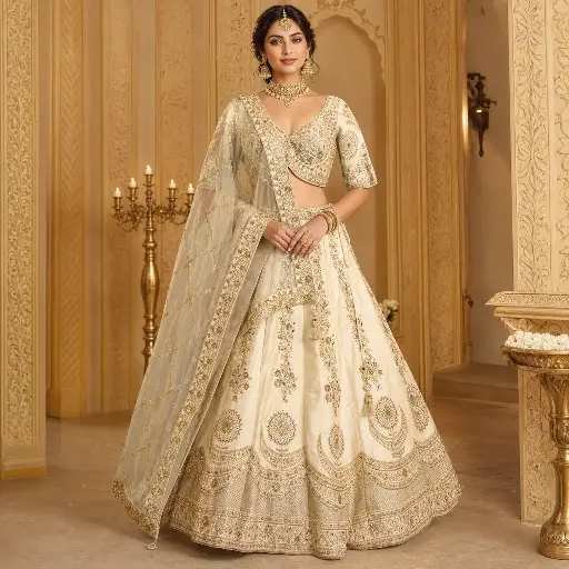 [75444091RE92F3] Women's Ivory Gold Embroidered Lehenga Choli Set with Designer Blouse and Dupatta