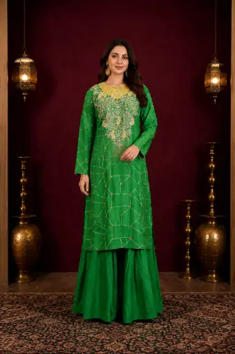 [32105002EZ35F3] Women’s Green Embroidered Kurta with Palazzo Set, Yellow Gold Work Ethnic Outfit