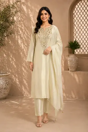 [32105002EZ37F3] Women’s Cream Embroidered Kurta Pant Set with Dupatta, Elegant Zari n Sequin Work Ethnic Suit for Wedding
