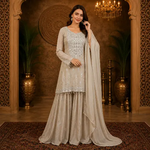 [32105005EZ50F3] Women’s Cream Embroidered Long Kurta with Flared Palazzo n Dupatta Set, Elegant Mirror Work Ethnic Outfit for Wedding