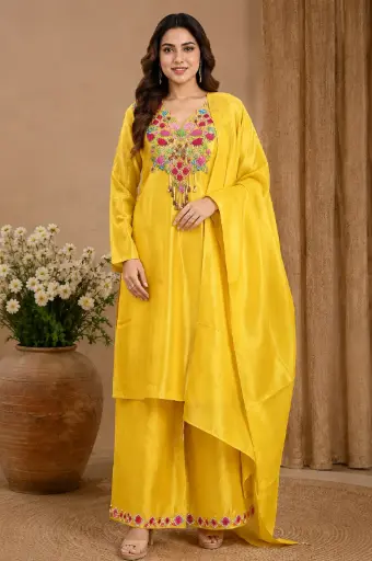 [32105003EZ41F3] Women’s Yellow Embroidered Kurta Palazzo Set with Floral Handwork Neckline, Matching Palazzo n Dupatta