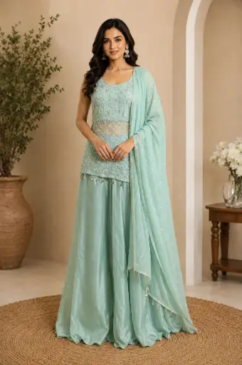 [00925074SF69F3] Pastel Green Embroidered Peplum Kurta with Palazzo Pants n Dupatta, Elegant Indo-Western Party Wear Set for Women
