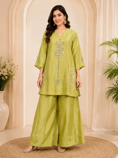 [00925074DA11F3] Elegant Pistachio Green Kurta Palazzo Set with Mirror Work, V-Neck Design n Flared Palazzo for Festive