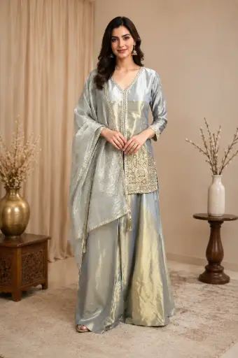 [00925074DA09F3] Women’s Silver Grey Crop Top Palazzo Set with Gold Embroidery, V-Neck Design n Sheer Dupatta