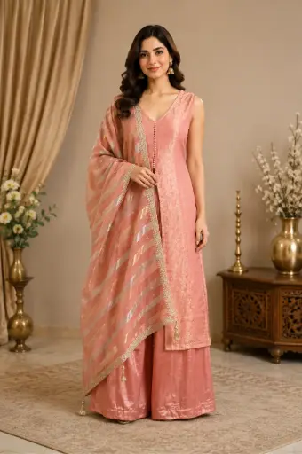 [00925074GJ78F3] Women’s Peach Pink Long Kurti Palazzo Set with V-Neck Button Detailing, Brocade Texture n Striped Embellished Dupatta