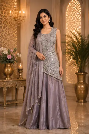 [00925074SX51F3] Women’s Mauve Embroidered Crop Top Palazzo Set with Sheer Dupatta, Floral Embellishments n Wide-Leg Bottom