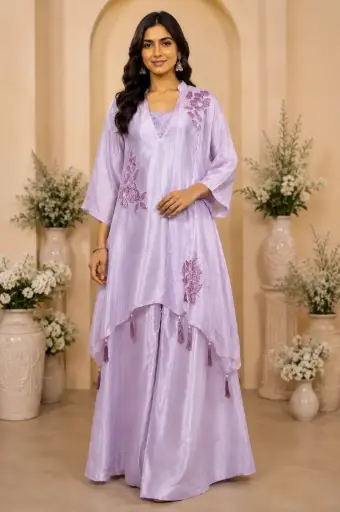 [00925074KB43F3] Elegant Blush Pink Designer Kurta Palazzo Set with Floral Embroidery, V-Neckline n Tassel Details for Festive