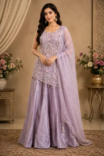 [00925074KP22F3] Lavender Indo-Western Palazzo Set with Floral Embroidered Top, Sheer Striped Dupatta n Elegant Detailing for Festive Party Wear
