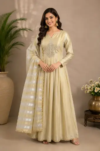 [00925002KD53F3]  Elegant Cream Gold Long Gown with Embroidered Front n Striped Dupatta