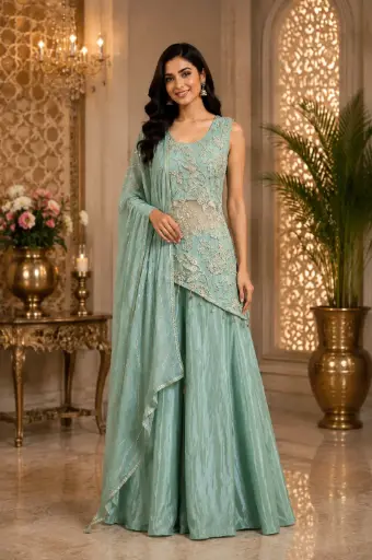 [00925002KP14F3] Women’s Mint Green Embroidered Indo-Western Crop Top Set with Wide-Leg Bottom n Sheer Dupatta