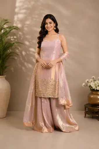 [00925002TO26F3] Elegant Pink Indo-Western Outfit with Embroidered Long Top, Flared Bottom n Sheer Dupatta