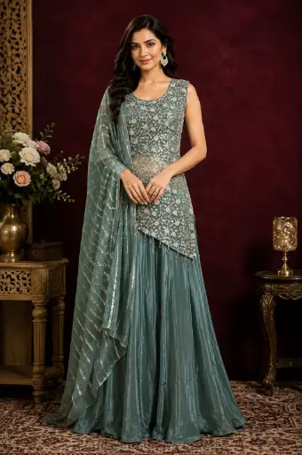 [00925002DA12F3] Sage Green Embroidered Kurta with Palazzo Pants n Striped Dupatta, Elegant Designer Indo-Western Party Wear Set for Women