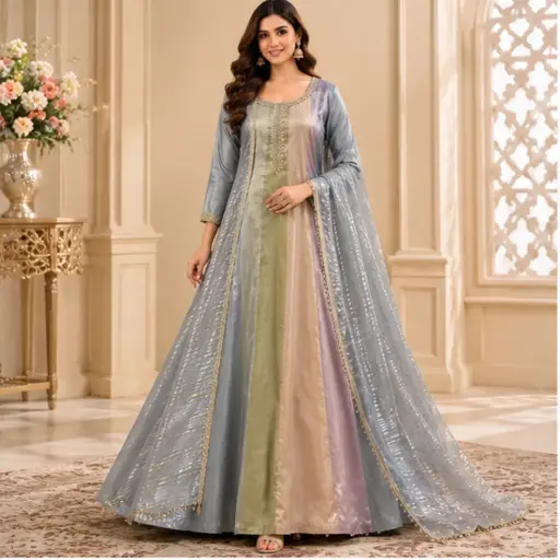 [00925002KJ02F3] Women’s Grey Multicolor Long Gown with Embroidered Neckline n Designer Dupatta