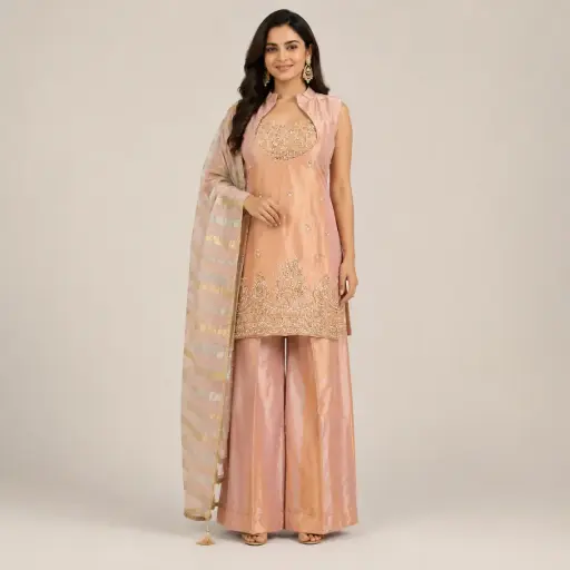 [00925002GJ84F3] Peach Pink Embroidered Kurta Palazzo Set with Striped Organza Dupatta