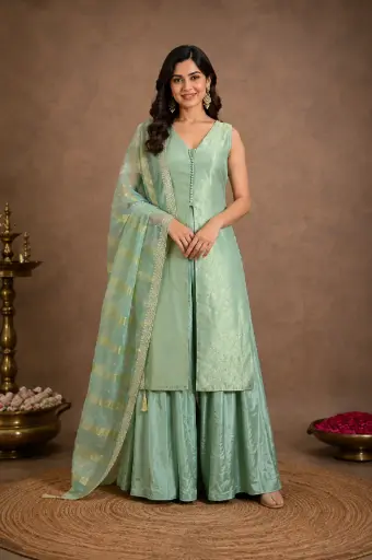 [00925002DA09F3] Women’s Mint Green Embroidered Crop Top Palazzo Set with Sheer Dupatta, Gold Border n Button Detailing