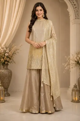 [00925002SO74F3] Elegant Golden Designer Anarkali Palazzo Suit Set with Embroidered Kurta, Flared Palazzo Pants n Striped Dupatta for Festive Wear 