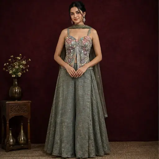 [00925002OB48F3] Women’s Grey Embroidered Crop Top with Flared Palazzo n Dupatta, Designer Ethnic Set for Wedding