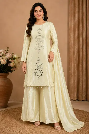 [00925005GM89F3] Women’s Ivory Mirror Work Kurta Palazzo Set with Embellished Back, Matching Dupatta n Wide-Leg Palazzo