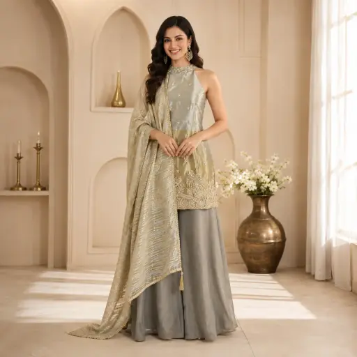 [00925003SO74F3] Elegant Grey n Gold Ethnic Palazzo Suit Set for Women with Embroidered Halter Neck Top,Matching Palazzo Pants n Designer Dupatta