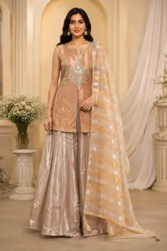 [00925003KP23F3] Rose Gold Crop Top Sharara Set with Embroidered Top n Striped Dupatta