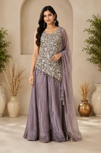 [00925003SX51F3] Lavender Indo-Western Palazzo Set with Floral Embroidered Top, Sheer Striped Dupatta n Elegant Detailing for Festive Party Wear