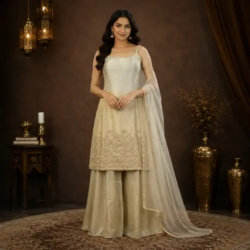 [00925003TO26F3] Elegant Gold Indo-Western Outfit with Embroidered Long Top, Palazzo Bottom n Sheer Dupatta