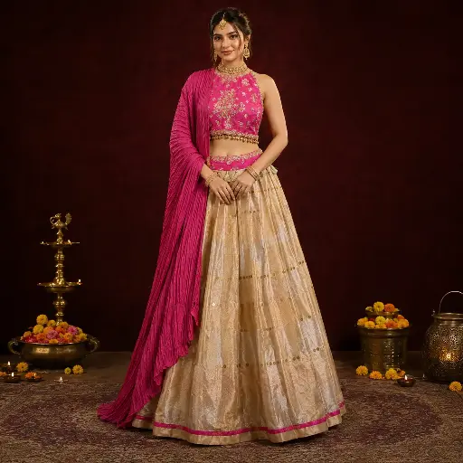 [31325001DA35F3] Women's Pink Embroidered Blouse with Gold Checked Lehenga and Crushed Dupatta
