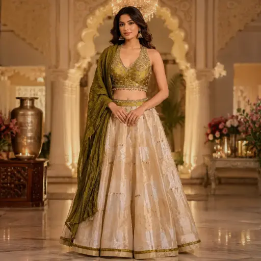 [31325001DA34F3] Women's Olive Green Embellished Lehenga Choli with Cream Flared Skirt and Dupatta for Festive Wear