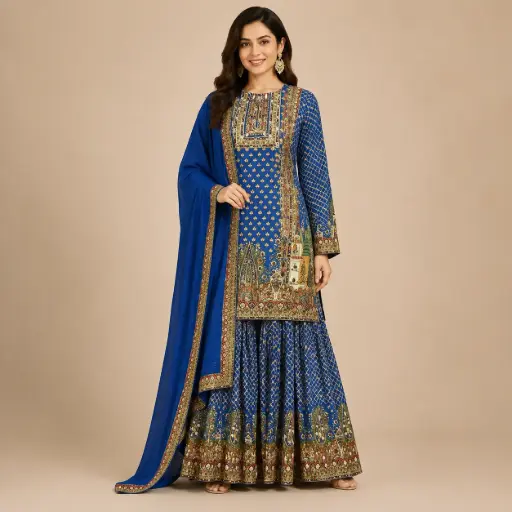 [31325005DA49F3] Royal Blue Printed Sharara Suit Set with Embroidered Kurta, Flared Sharara n Matching Dupatta 