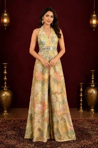 [31325003DA47F3] Women’s Golden Floral Embroidered Long Gown with Halter Neck, Mirror Work and Flared Silhouette