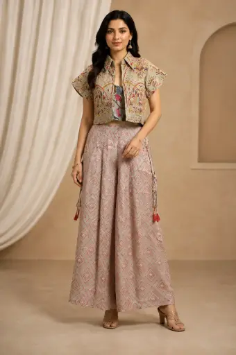 [87425003DA18F2] Women’s Embroidered Jacket Palazzo Set with Printed Inner Top, Floral Embellished Crop Jacket n Wide-Leg Palazzo