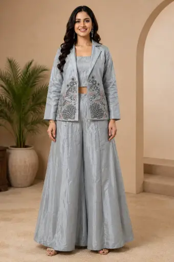[87425003DA24F2] Women’s Silver Embroidered Jacket Palazzo Set with Crop Top, Floral Embellished Blazer Jacket n Wide-Leg Palazzo