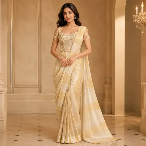 [95725002KS40F3] Women's Cream Gold Saree with Embellished Designer Blouse
