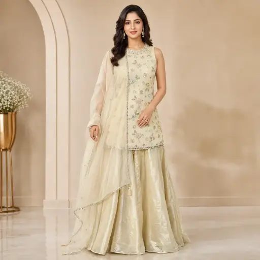 [95725002HV62F3] Premium Ivory Embroidered Palazzo Suit Set with Dupatta,Floral Handwork Party Wear Ethnic Festive Wedding Outfit for Women