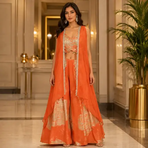 [95725002EN75F3] Orange Embroidered Crop Top Palazzo Set for Women with Sheer Shrug