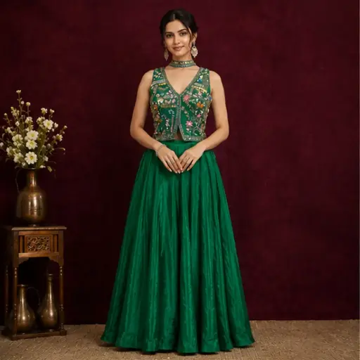 [95725002DB36F3] Women’s Green Embroidered Crop Top with Flared Skirt n Choker, Designer Ethnic Co-Ord Set for Festive