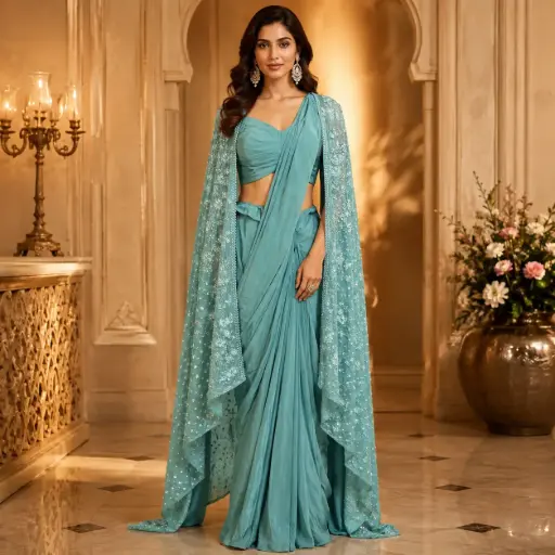 [95725002DB34F3] Sea Green Designer Saree with Embroidered Shrug n Draped Crop Top