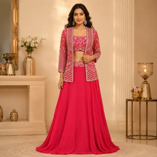 [95725002DB32F3] Women's Rani Pink Embroidered Crop Top with Long Jacket and Flared Skirt for Wedding Party Wear Set