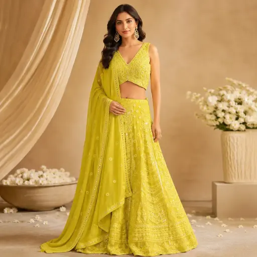 [95725002YT25F3] Women’s Lime Green Embroidered Lehenga Choli Set with Dupatta, Mirror & Sequin Work, Sleeveless V-Neck Blouse