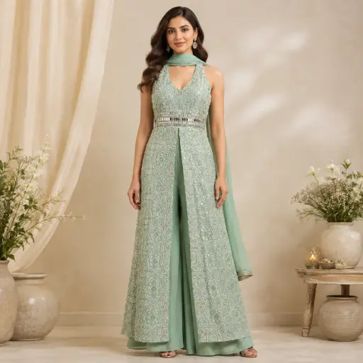 [95725002DB48F3] Women’s Sea Green Embroidered Indo-Western Backless Top with Flared Palazzo and Dupatta Set