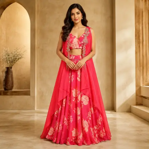 [95725002EO96F3] Pink Floral Embroidered Crop Top Lehenga Set with Sheer Cape Dupatta