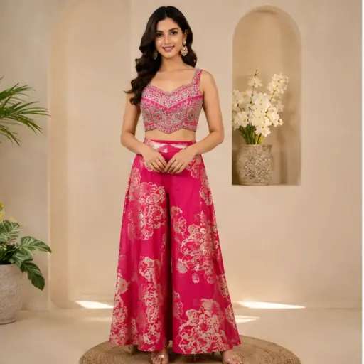 [95725002DB38F3] Women’s Pink Embroidered Crop Top with Flared Palazzo, Designer Ethnic Set for Wedding, Festive, Sangeet, Party n Celebration Wear