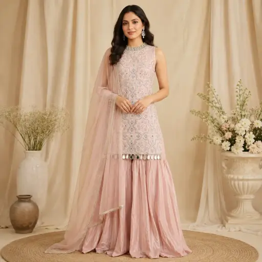 [95725002JV45F3] Women’s Blush Pink Embroidered Indo-Western Sleeveless Top with Flared Palazzo and Dupatta Set