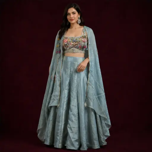 [95725002DB37F3] Sage Green Embroidered Crop Top n Palazzo Set with Sheer Long Shrug