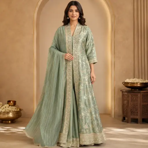 [95725002QF27F3] Sage Green Embroidered Long Kurti with Gold Border,Designer Indo-Western Ethnic Wear for Women
