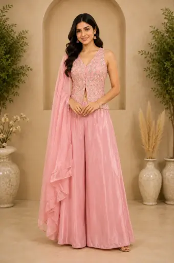 [95725002XP76F3] Peach Pink Embroidered Indo-Western Kurta Palazzo Set with Dupatta, Designer Party Wear Ethnic Outfit for Women