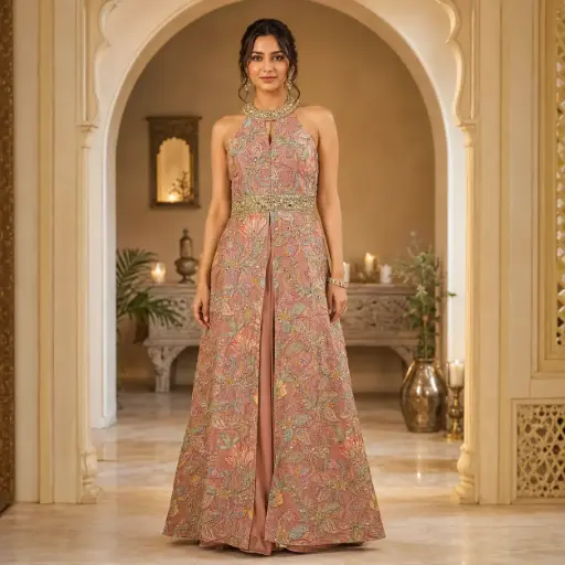 [95725002DB53F3] Peach Floral Embroidered Palazzo Set with Halter Neck Top n Dupatta,Designer Indo-Western Party Wear for Women
