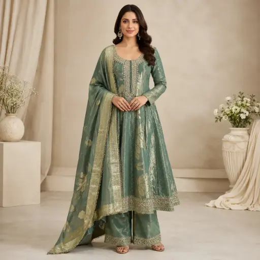 [95725002DB52F3] Women’s Sage Green Embroidered Anarkali Kurta with Wide-Leg Palazzo and Dupatta Set for Wedding